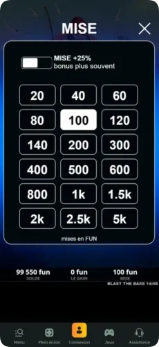 Menu de mise avec l'option +25% du Blast the Bass slot